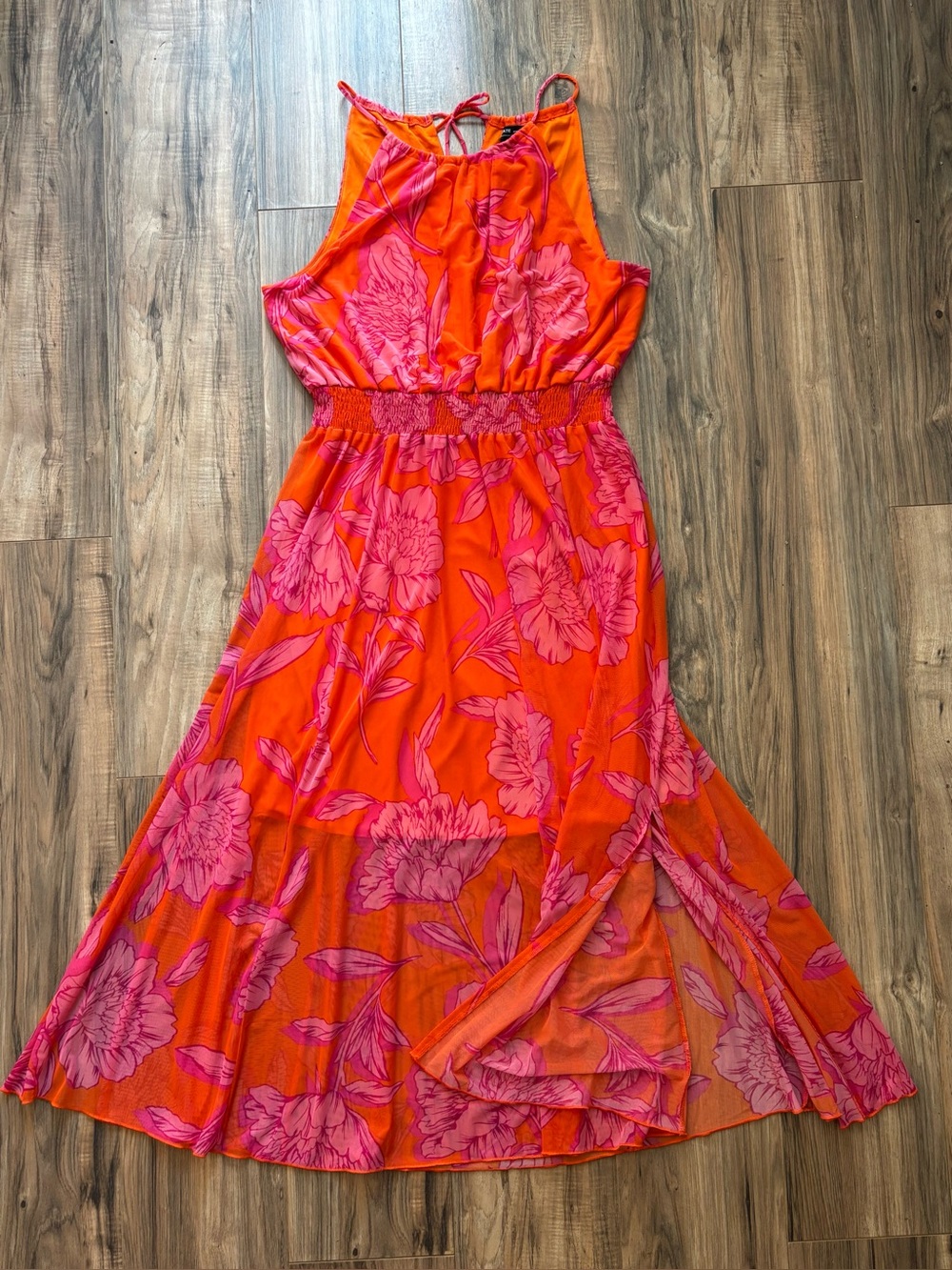 Kate and Lily orange and pink floral maxi dress with mesh overlay size 18W